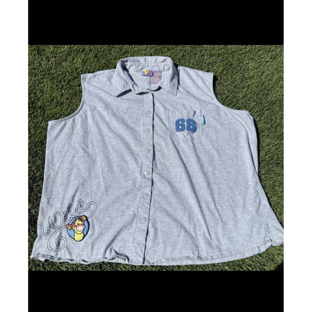 Disney Tigger Sleeveless Button Down Shirt Gray‎ Heather Plus Size 22W 24W Top